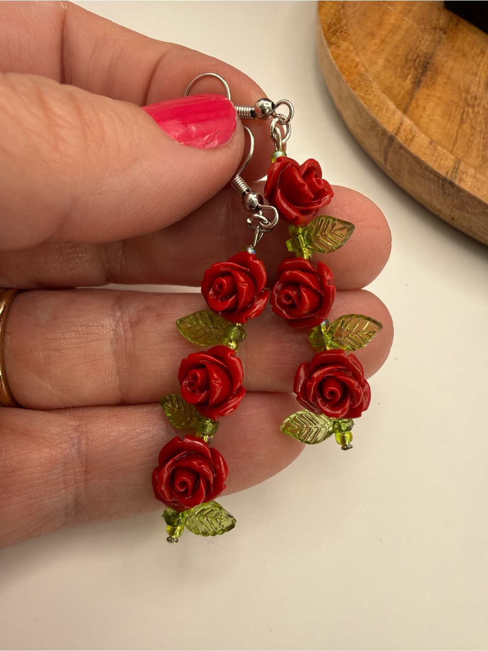 Red Rose Dangle Earrings 2.5 Floral Statement Nickel Free Hooks Romantic Jewelry
